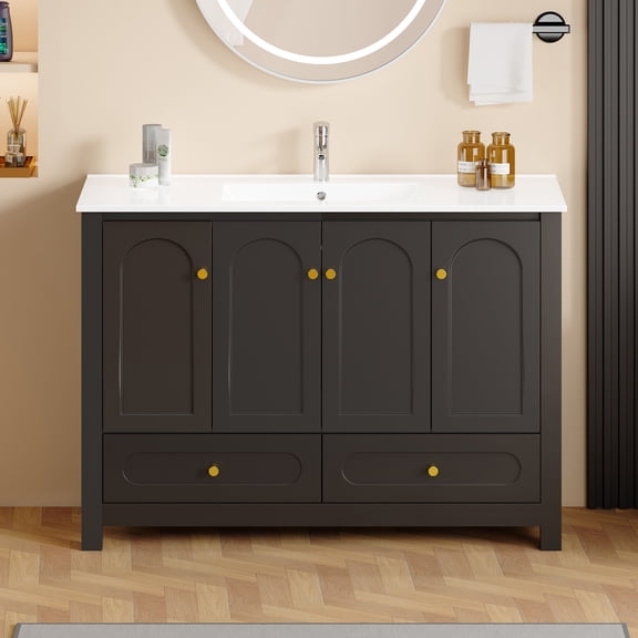 LiviNest 48-Inch Bathroom Vanity for Small Bathrooms: 6 Storage Units in 48 Inches - 4 Soft Close Doors & 2 Drawers with Ceramic Sink Combo - Black Transitional Style for Apartment & Guest Bath