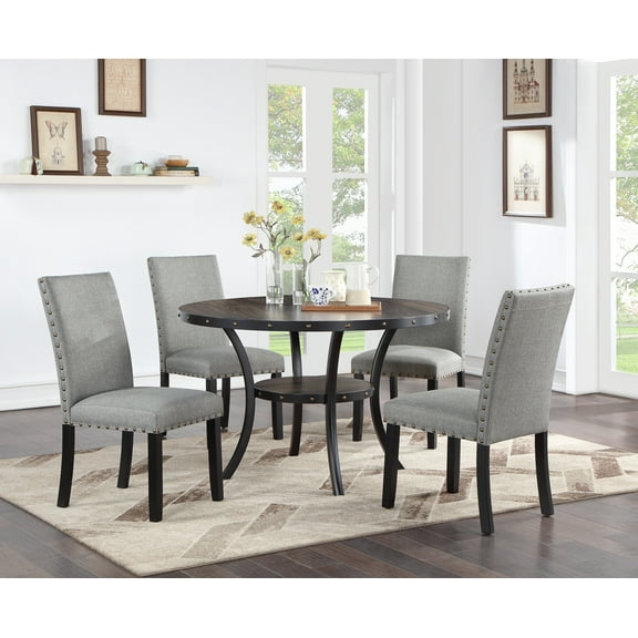 LiviNest 48 Inch Round Dining Table Set: Modern Classic 5-Piece Natural Wood Table & Gray Fabric Chairs - Space Saving Design with Storage Shelf for Small Apartments & Home Dining Rooms