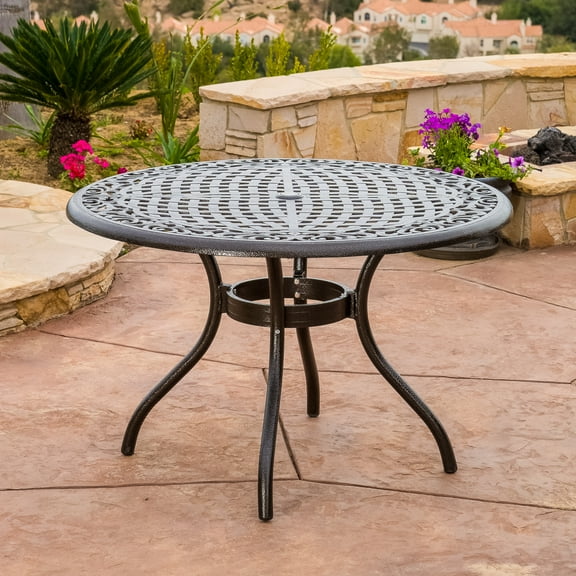 LiviNest 48 Inch Round Outdoor Table: Cast Aluminum Patio Dining Set with Hammered Bronze Finish & Lattice Design - Weather Resistant Furniture for Boutique Guesthouse Breakfast Area & Garden Decor