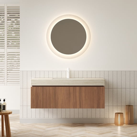 LiviNest 48" Wall Mounted Bathroom Vanity with Sink: Pre-assembled Plywood Storage Cabinet with Drawer & 2 Doors, Roma Travertine-Pattern Sintered Stone Countertop & Ceramic Basin - Modern Minimalist