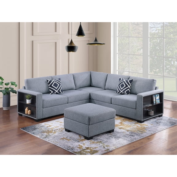 LiviNest 4pc Sectional Sofa Set Gray Boucle: L-Shaped Couch with Built-in Shelves & Ottoman - Contemporary Living Room Furniture for Small Spaces & Home Office