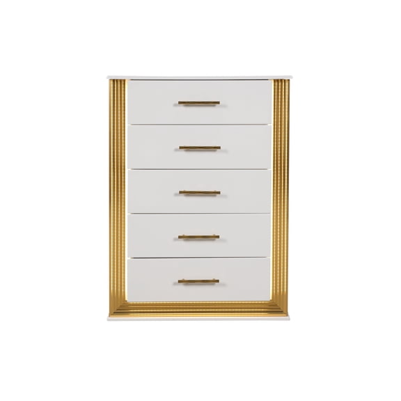 LiviNest 5-Drawer Chest Contemporary White Gold - Modern Bedroom Storage with LED Lighting & Wood Frame - Urban Apartment Organization for Content Creators & Small Spaces