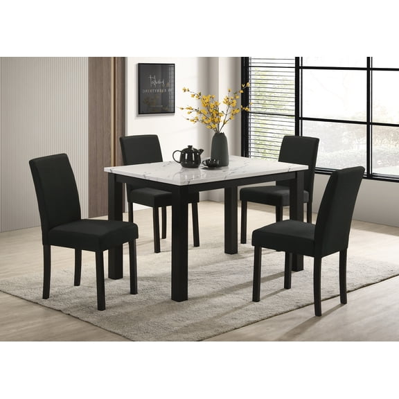 LiviNest 5-Piece Dining Set, White Faux-Marble Table with 4 Charcoal Fabric Chairs, Modern Rectangular Set for Small Apartment