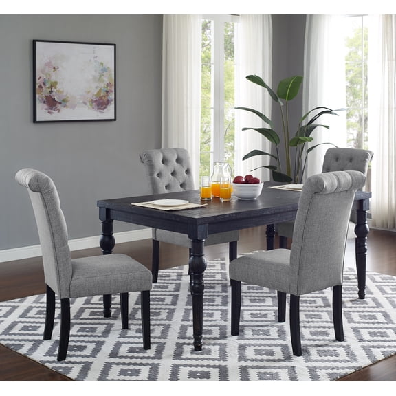 LiviNest 5-Piece Dining Table Set: Traditional Dark Wash Turned-Leg Design - Rubberwood & MDF Construction for Bed & Breakfast Breakfast Area - Complete Set with 4 Gray Upholstered Chairs for Vacatio