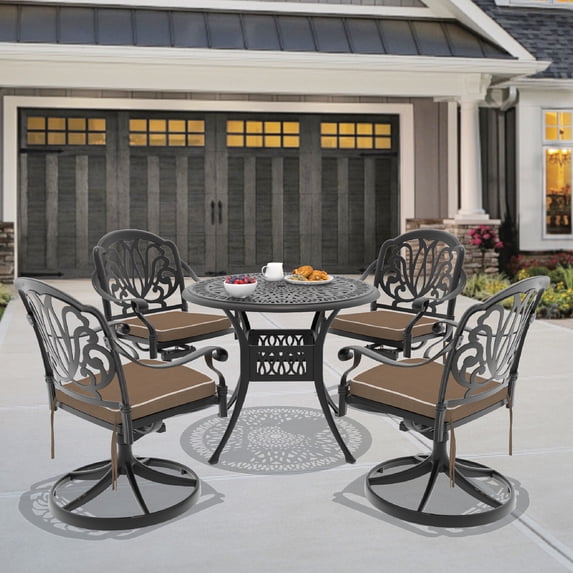 LiviNest 5-Piece Outdoor Dining Set with Swivel Chairs: Traditional Cast Aluminum Patio Furniture - All-Weather Round Table & 4 Seats for Vacation Homes & Resort Areas
