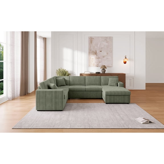 LiviNest 5+ Seat U-Shaped Sectional Sofa: 115" Wraparound Space for Family Gatherings - 22" Deep Seat & 5.9" Spring-Foam Cushion - Green Corduroy Fabric with Chaise Lounge & Pillows