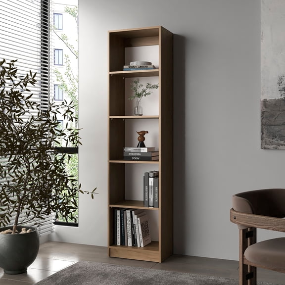 LiviNest 5-Shelf Bookcase: Narrow Vertical Storage Solution for Small Spaces - Natural Oak & White Modern Design with Open Shelving & Enclosed Compartments for Living Room & Home Office