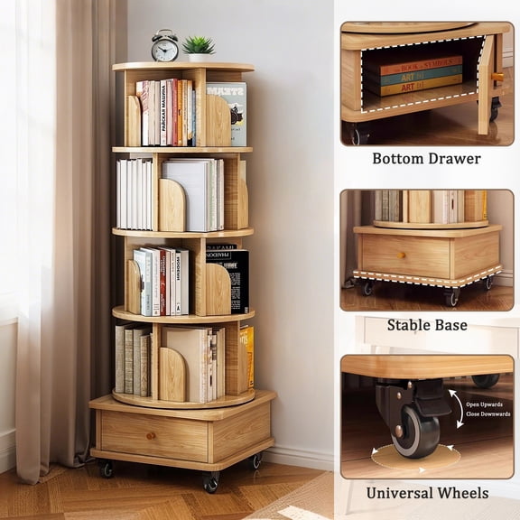 LiviNest 5 Tier Rotating Bookshelf: 360° Spinning Display Shelf with Wheels & Drawer - Modern Wood Color Small Space Storage Tower for Studio Apartment & Creative Workspace