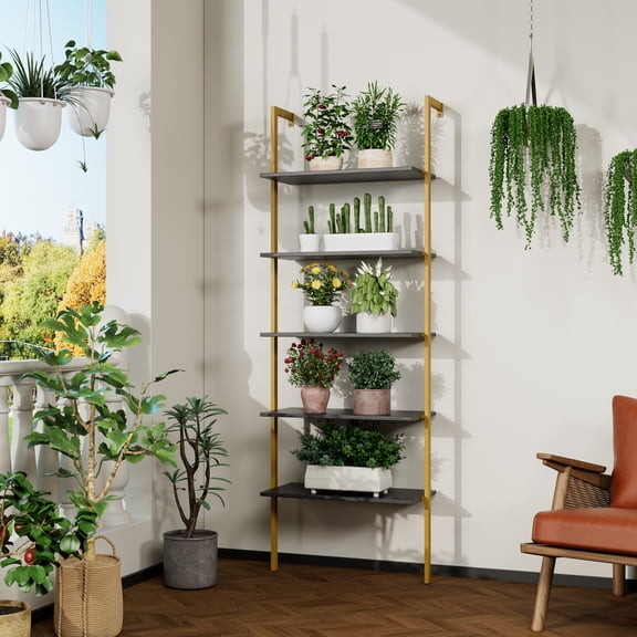 LiviNest 5-Tier Wall Mount Shelf: Gold Metal Frame Ladder Bookshelf - Multifunctional Storage Organizer for Small Spaces & Plant Display in Living Room