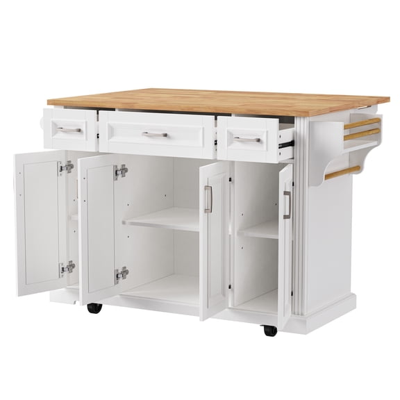 LiviNest 54" Kitchen Island with Drop Leaf: 7-in-1 Storage Cart with 4 Doors & 3 Drawers - 400 LBS Capacity Rubber Wood Top & Adjustable Shelves for Family Meal Prep & Entertaining