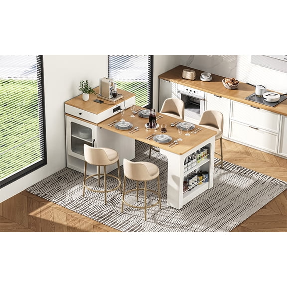 LiviNest 59.5" Kitchen Island with Extendable Table: Double-sided Storage Cabinet with Power Outlet & Adjustable Shelves - Mobile Workstation for Small Spaces & Studio Apartments