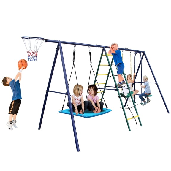 LiviNest 6 in 1 Swing Set for Backyard, Heavy Duty Steel A-Frame with Climbing Net and Basketball Hoop, Kids Outdoor Playset with Glider and Hammock, Ages 3-10