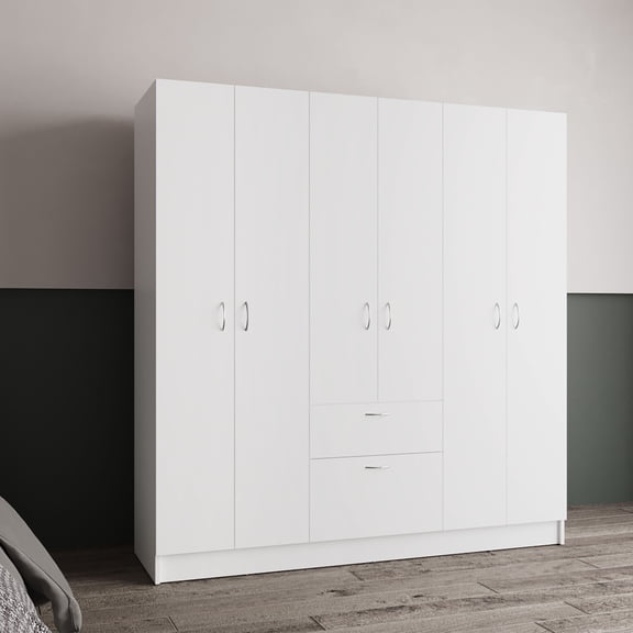LiviNest 6 Door Wardrobe with Drawers: Modern White Storage Cabinet with Shelves & Hanging Rods - Space Saving Bedroom Furniture for Small Apartments & Minimalist Living