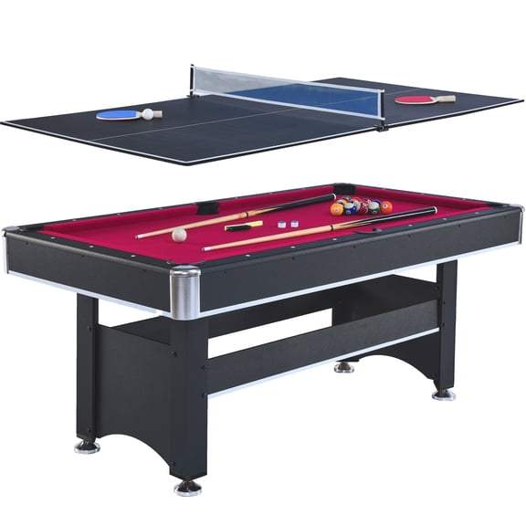 LiviNest 6-Foot Pool Table with Table Tennis Top, Black Red Felt, Convertible Dual-Use Indoor Game Table for Rec Room Family Game Night, Engineered Wood