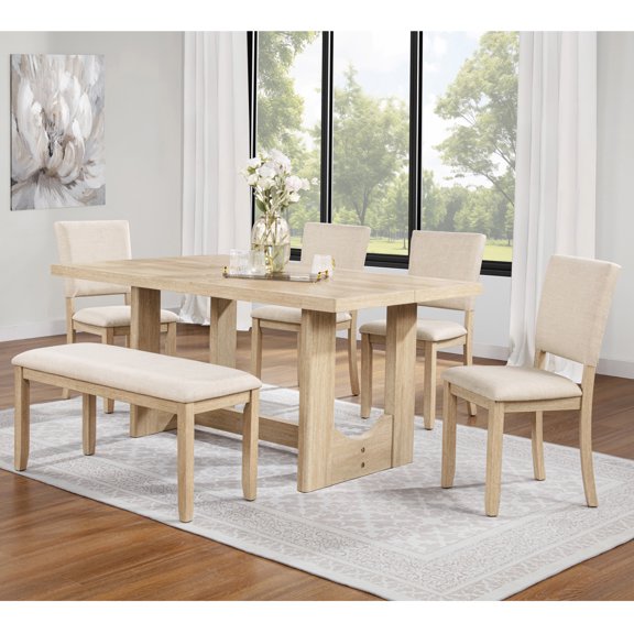 LiviNest 6-Piece Dining Table Set: 330-lb Stable Family Dining - Rock-Solid U-Shaped Base & All-Day Comfort Seating for 6 - Light Oak & Beige Modern Wooden Kitchen Table with Bench & 4 Upholstered Ch