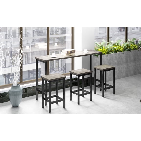 LiviNest 60.2 Inch Extra Long Counter Height Table Set with 3 Stools: Compact Space-Saving Dining & Work Desk for Small Apartments - Modern Industrial Gray Wood-Grain Finish & Metal Frame for Digital