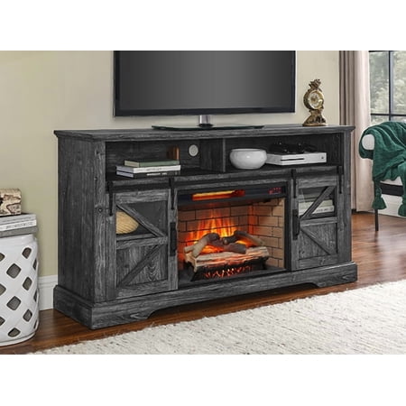 LiviNest 60 Inch Electric Fireplace Entertainment Center with Door Sensor, Dark Rustic Oak, 1500W Infrared Heater for Living Room