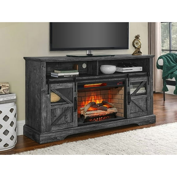 LiviNest 60 Inch Electric Fireplace Entertainment Center with Door Sensor, Dark Rustic Oak, 1500W Infrared Heater for Living Room