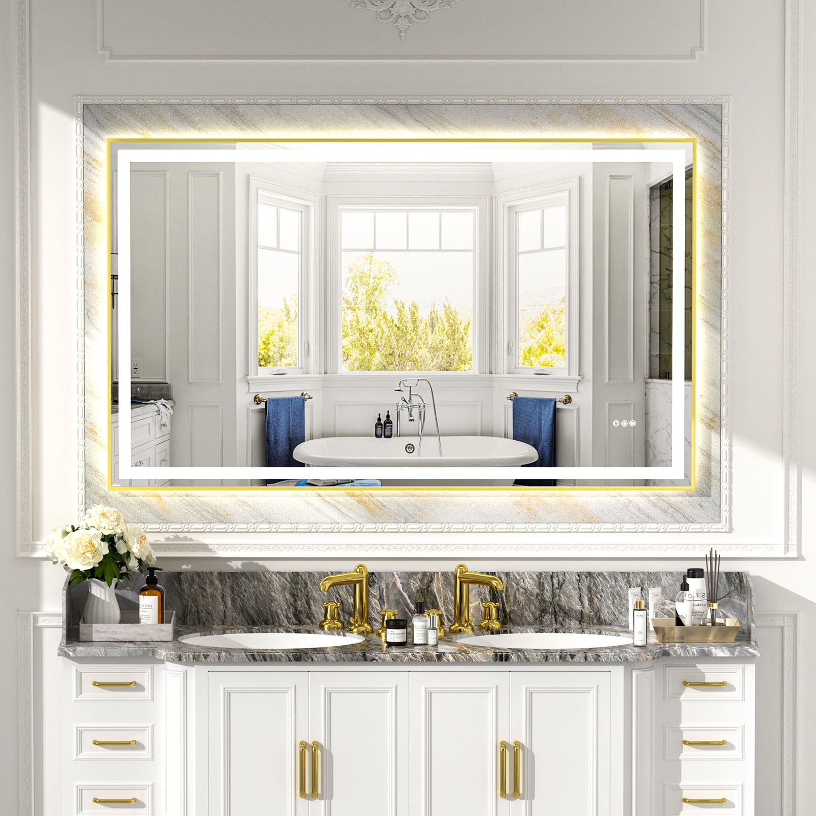 LiviNest 60x36" LED Bathroom Mirror: Dual Light Strips with Stepless ...