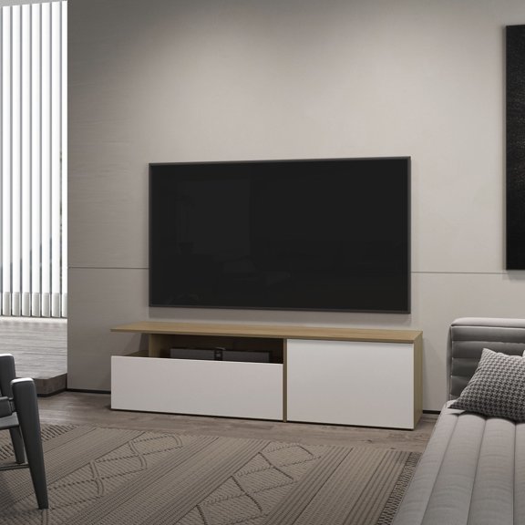 LiviNest 63.3" Modern TV Stand with Drop-Down Door & Open Shelves: Cable Management for Gaming Consoles & Media Players - Natural Oak & White Entertainment Center for Living Room & Home Theater Setup