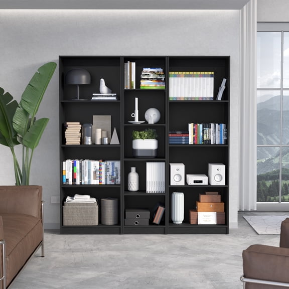 LiviNest 67-Inch 13-Shelf Bookcase Set: 3-Piece Modular Storage System for Living Room - Organize 300+ Books & Decor with Modern Black Finish
