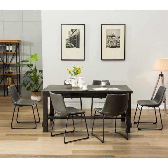 LiviNest 7-Piece Dining Table Set: Antique Black Wood Table & 6 Gray Faux Leather Chairs - Industrial Style Rectangular Design for Creative Workspace & Small Apartment Dining Room