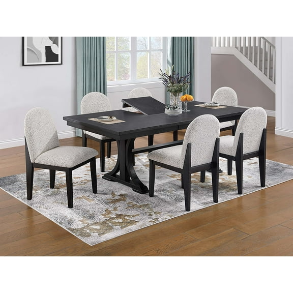 LiviNest 7-Piece Dining Table Set: Extendable Trestle Base Table & 6 Fabric Chairs - Modern Farmhouse Style Small Space Solution for Apartments & Compact Homes
