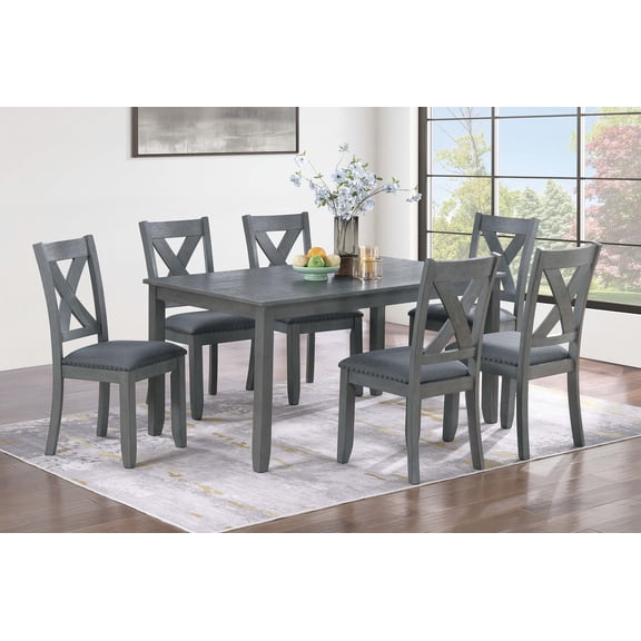 LiviNest 7-Piece Gray Dining Set, 60-Inch Rectangular Table with 6 Cushioned Nailhead X-Cross Back Chairs, Modern Acacia Wood Dining Room Furniture for Family