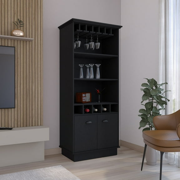 LiviNest 70-Inch Bar Cabinet with Glass Rack & Storage: Modern Black Wine Display Furniture for Home Office & Studio Use - Vertical Storage Solution with 5 Cubbies & 3 Shelves for Beverage Organizati