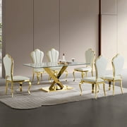 LiviNest 70 Inch Glass Dining Table Set Modern Luxury Gold Metal Base & White Shell Chairs - Contemporary Kitchen & Dining Room Furniture for Apartments & Urban Homes