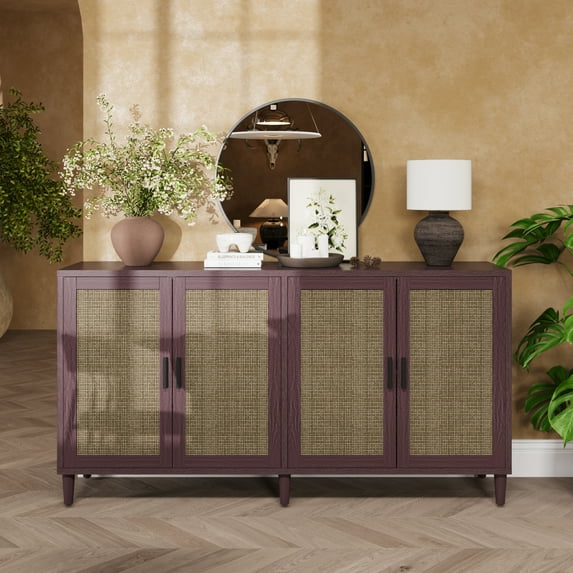 LiviNest 70" Rattan Storage Cabinet: 4-Door Sideboard with Adjustable Shelves - Organize Kitchen & Living Room Items - 3-Height Customizable Brown Buffet