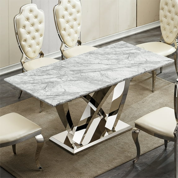 LiviNest 70 inch Dining Table: Modern Rectangular Faux Marble Kitchen Table with Stainless Steel Base - Large Size Silver Gray Finish for Rental Properties & Multi-Family Use