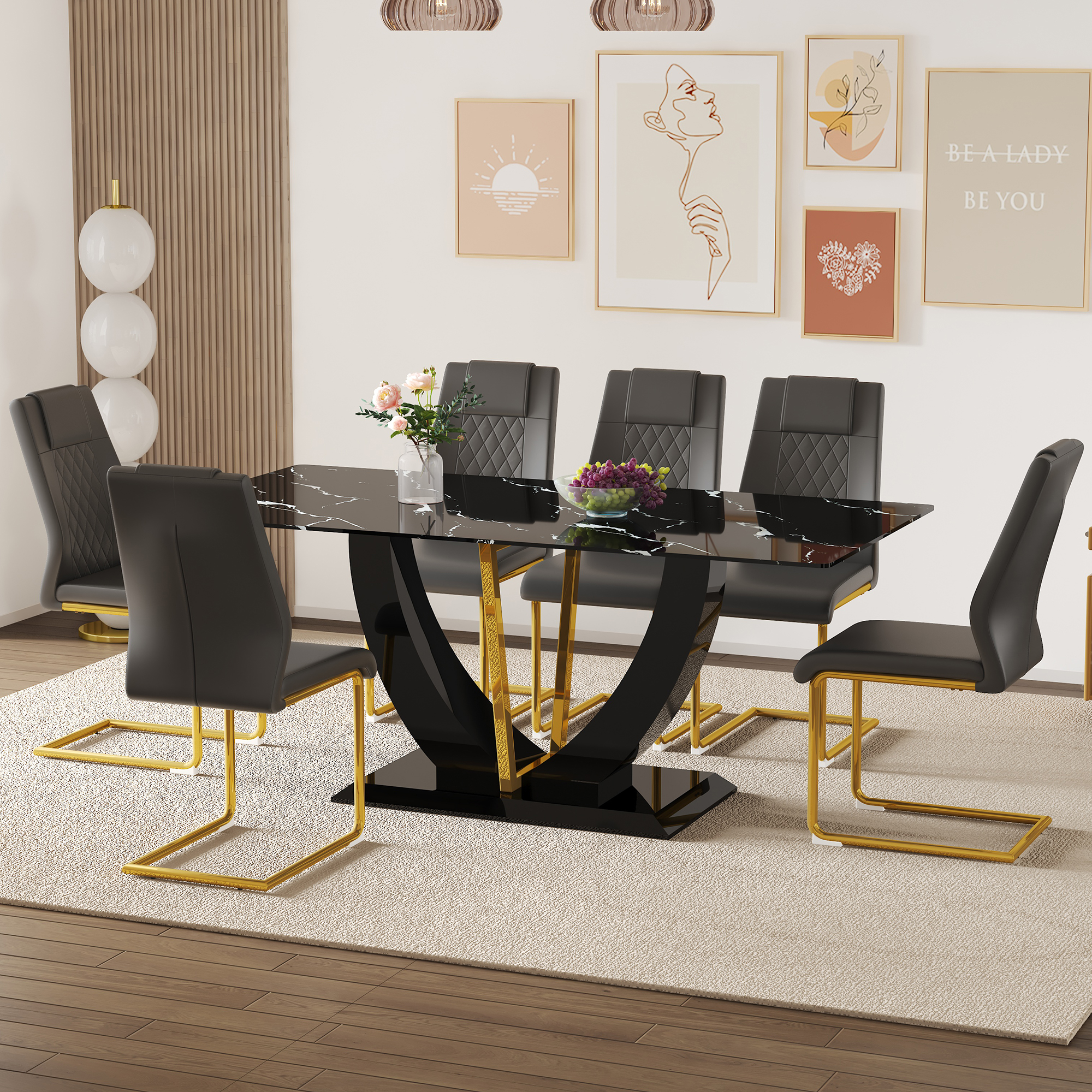 LiviNest 71 Inch Dining Table Set: Modern Black Marble Pattern Tempered ...