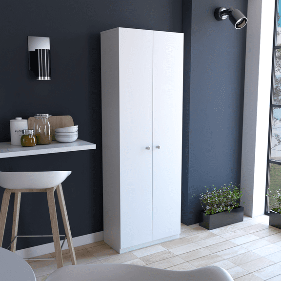 LiviNest 71" Tall White Storage Cabinet for Small Spaces: Modern Double-Door Design with 5 Adjustable Shelves - Slim Depth Organizer for Kitchen, Living Room & Apartment Use by Adults