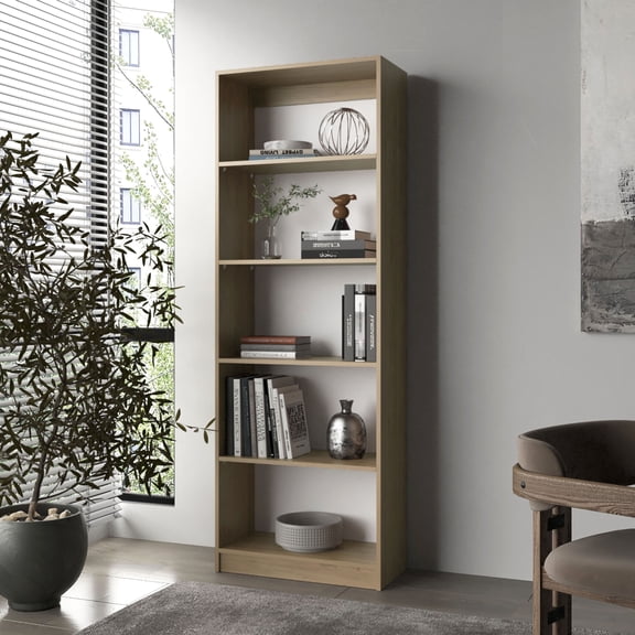 LiviNest 71-in Tall 5-Shelf Open Bookcase, Natural Oak and White, Scratch-Resistant Melamine Coating