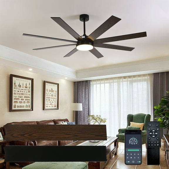 LiviNest 72 Inch Ceiling Fan with Light and Remote, 8 Blades Reversible DC Motor Dimmable LED, Quiet 35dB 6 Speed Timer for Living Room Bedroom Commercial Warehouse, Black Walnut