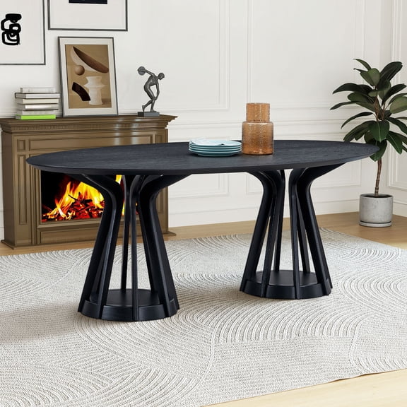 LiviNest 78.74 Inch Oval Dining Table for 6, Modern MDF Table with Dual Rubber Wood Pedestal Base, Easy Clean Black Dining Table for Living Room and Restaurant