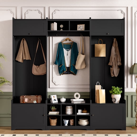 LiviNest 79.1'' Hall Tree with Storage: 4 Cabinets & 7 Hooks Entryway Bench - Anti-Tip Pet Friendly Furniture for Entry Hallway & Living Room Organization