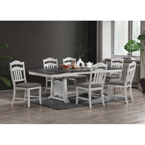 LiviNest 7pc Dining Table Set with 2 Leaves & 6 Chairs: Extendable Rubber Wood Trestle Base Design - Modern Antique White & Gray Finish for Family Meals & Social Gatherings in Small Apartments