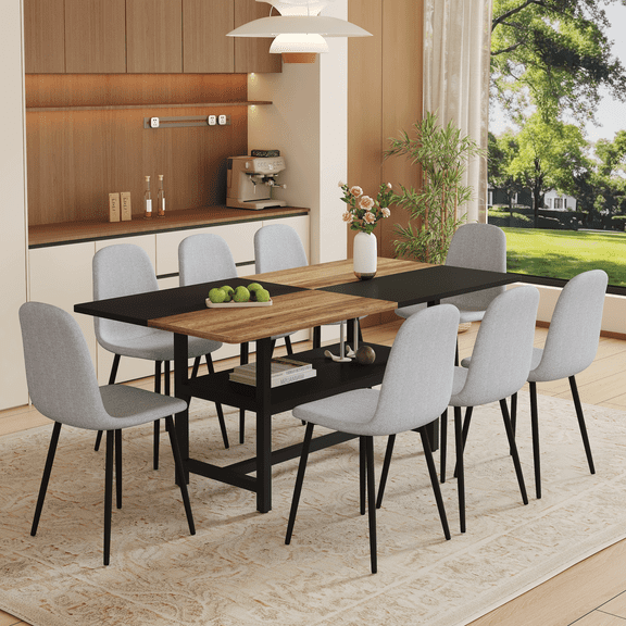 LiviNest 8-Seat Dining Table Set with Storage: 71" Large Table & 8 Chairs - 43" Storage Shelf for Family Gatherings & Home Office - Light Gray Linen Fabric & Black Metal Frame