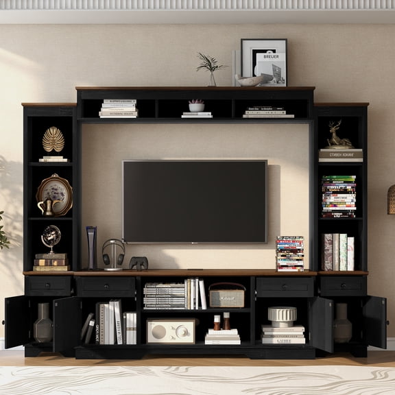 LiviNest 98" Farmhouse Modern Entertainment Center: 17-in-1 Storage Hub for 80" TVs - 4 Barn Door Cabinets & 4 Drawers with Built-in Outlets & USB-C for Living Room