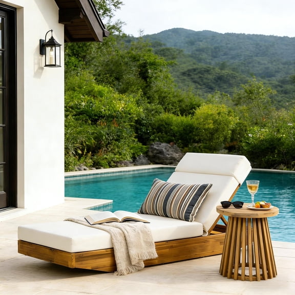 LiviNest Acacia Wood Outdoor Chaise Lounge: 300lb Capacity & Adjustable Backrest - 3-Section Foldable Design Saves 60% Storage Space for Patio Poolside Garden - Cream Water-Repellent Cushion & Integr