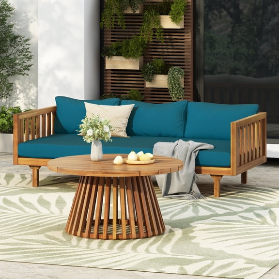 LiviNest Acacia Wood Patio Daybed Set: 600-lb Daybed & 215-lb Coffee Table - Outdoor 3-Seater Lounger with Dark Teal Cushions for Backyard & Poolside - Modern Rustic Teak Finish Furniture
