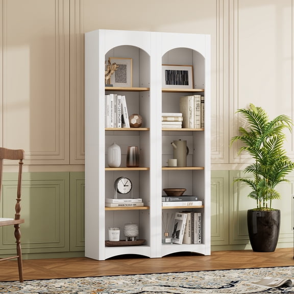 LiviNest Adjustable Bookshelves Set of 2: 8 Shelves Customizable Layout - Farmhouse Modern 72"H Storage Cabinet for Living Room & Home Office - White with Wood-Grain