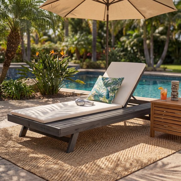 LiviNest Adjustable Outdoor Chaise Lounge: 4-Position Reclining Acacia Wood Chaise with Water-Resistant Cushion - 79" Poolside & Patio Lounger for All-Day Relaxation - Cream & Black Set