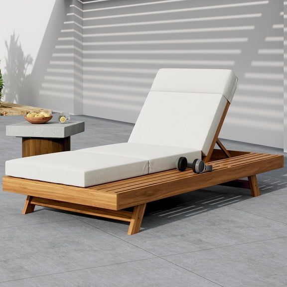 LiviNest Adjustable Outdoor Chaise Lounge Set: 4-Position Reclining Chaise with Headrest - 5+ Year Durable Acacia Wood & Water-Resistant Cushion for Poolside Patio Sunroom - Cream/Teak