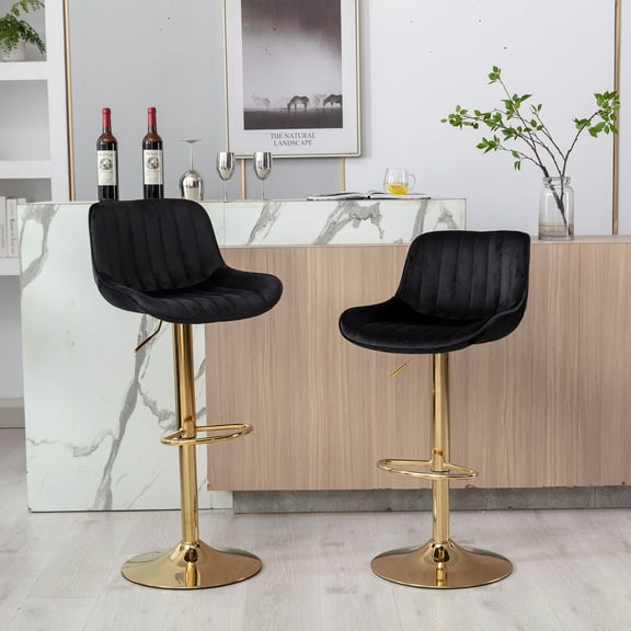 LiviNest Adjustable Swivel Bar Stools for Kitchen Island: 9-Inch Height Range 32.26-41.33 Inch - 360-Degree Rotation & Footrest for Modern Home Office Cafe - Set of 2 Black Velvet Gold Leg
