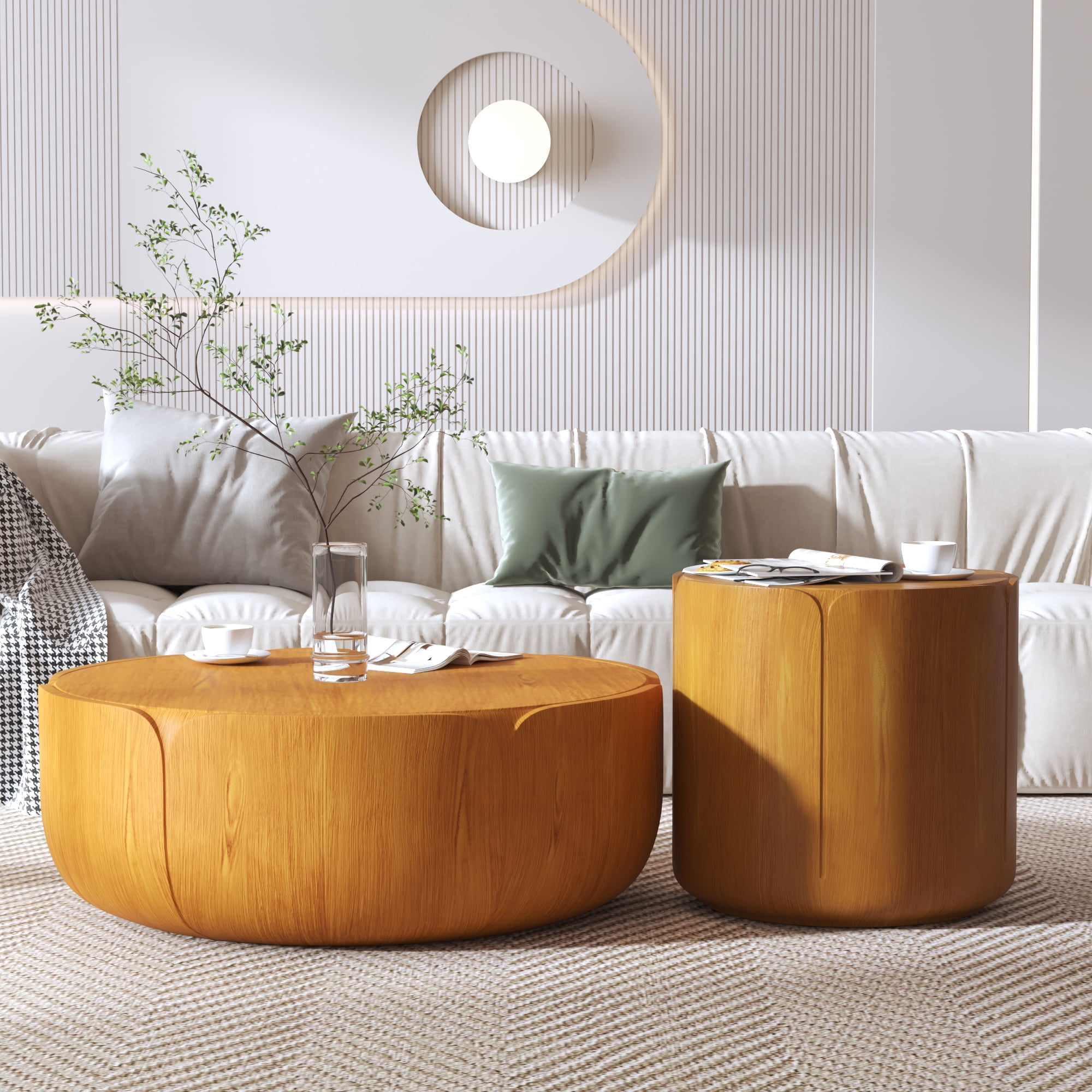 LiviNest All-Weather Drum Coffee Table Set: 365-Day Outdoor Indoor Table - 35.63" & 19.69" Round MGO Wood Grain - 220 lbs Capacity No Assembly