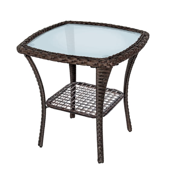 LiviNest All-Weather Wicker Side Table with Glass Top, 20 Inch Square Storage End Table for Indoor Outdoor Patio Balcony, Rustproof Steel Frame, Brown
