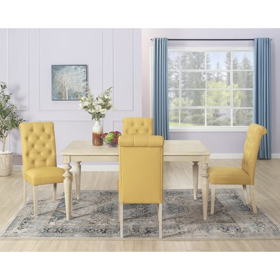 LiviNest Amonia 5-Piece Dining Set: Turned-Leg Table & Tufted Chairs - Rubberwood Construction & Multi-Functional Design for Creative Professionals & Home Studio Spaces